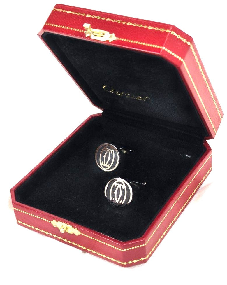 Cartier Double C Logo Cufflinks Silver 925 Black Enamel w/Box Authentic Japan