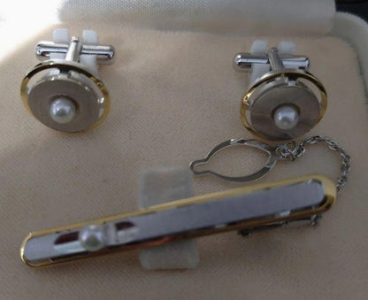 MIKIMOTO Pearl Cufflinks Tie Clip Bar Set Gold Silver Two-Tone w/ Box 2.0in