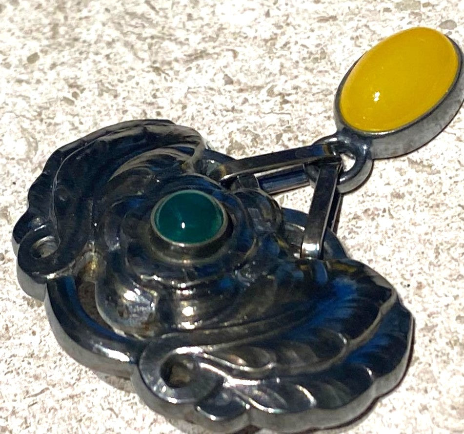 Georg Jensen Heritage 2008 Annual Brooch Silver 925 Green Yellow Cabochon w/Box