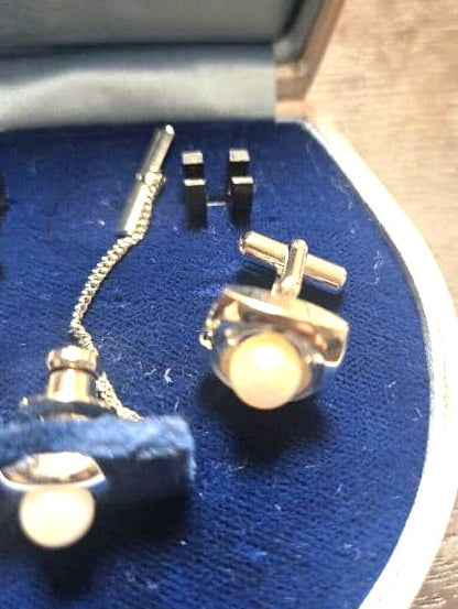 Mikimoto Pearl Silver Cufflinks Tie Tack Pin Set Mitsukoshi Box Vintage Japan
