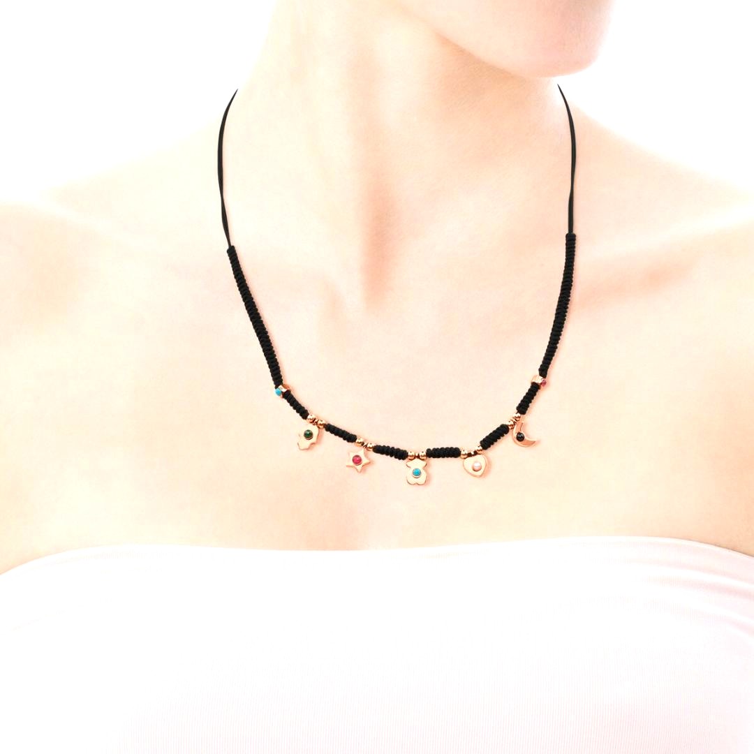 TOUS Super Power Charm Necklace Black Cord Rose Vermeil Silver Gemstone Spain