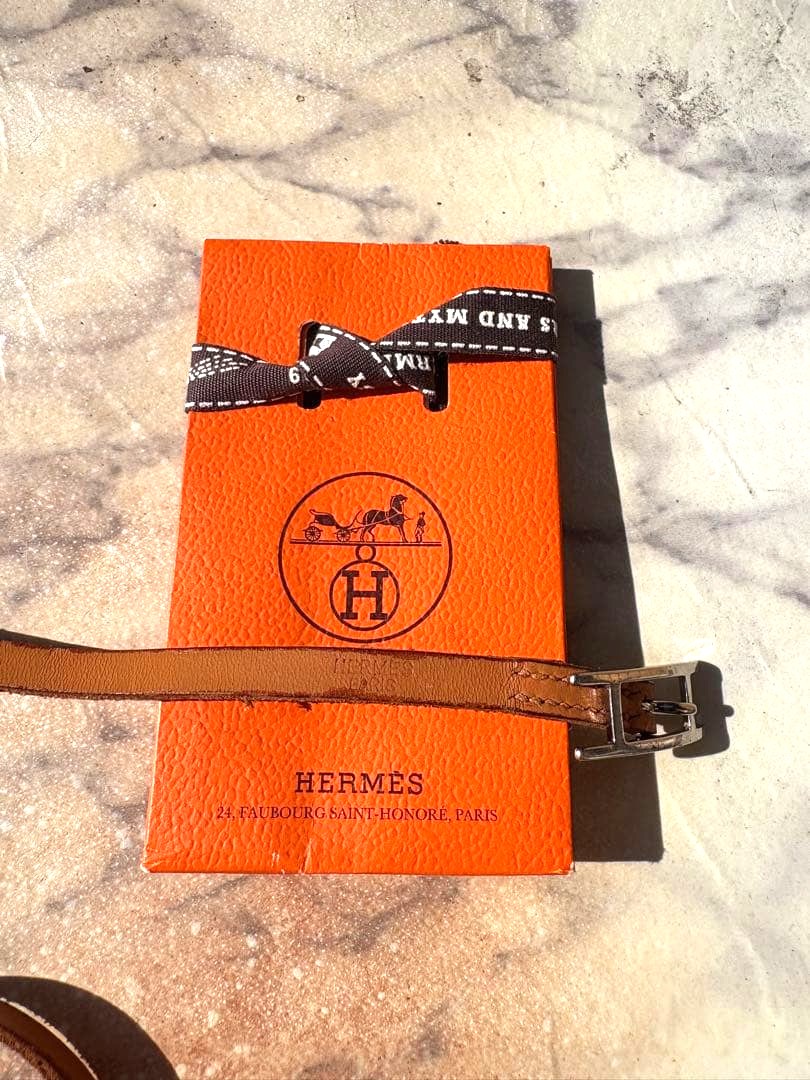 Hermes Api 3 Long Wrap Bracelet Choker Brown Leather Silver H Buckle 28.7in Used
