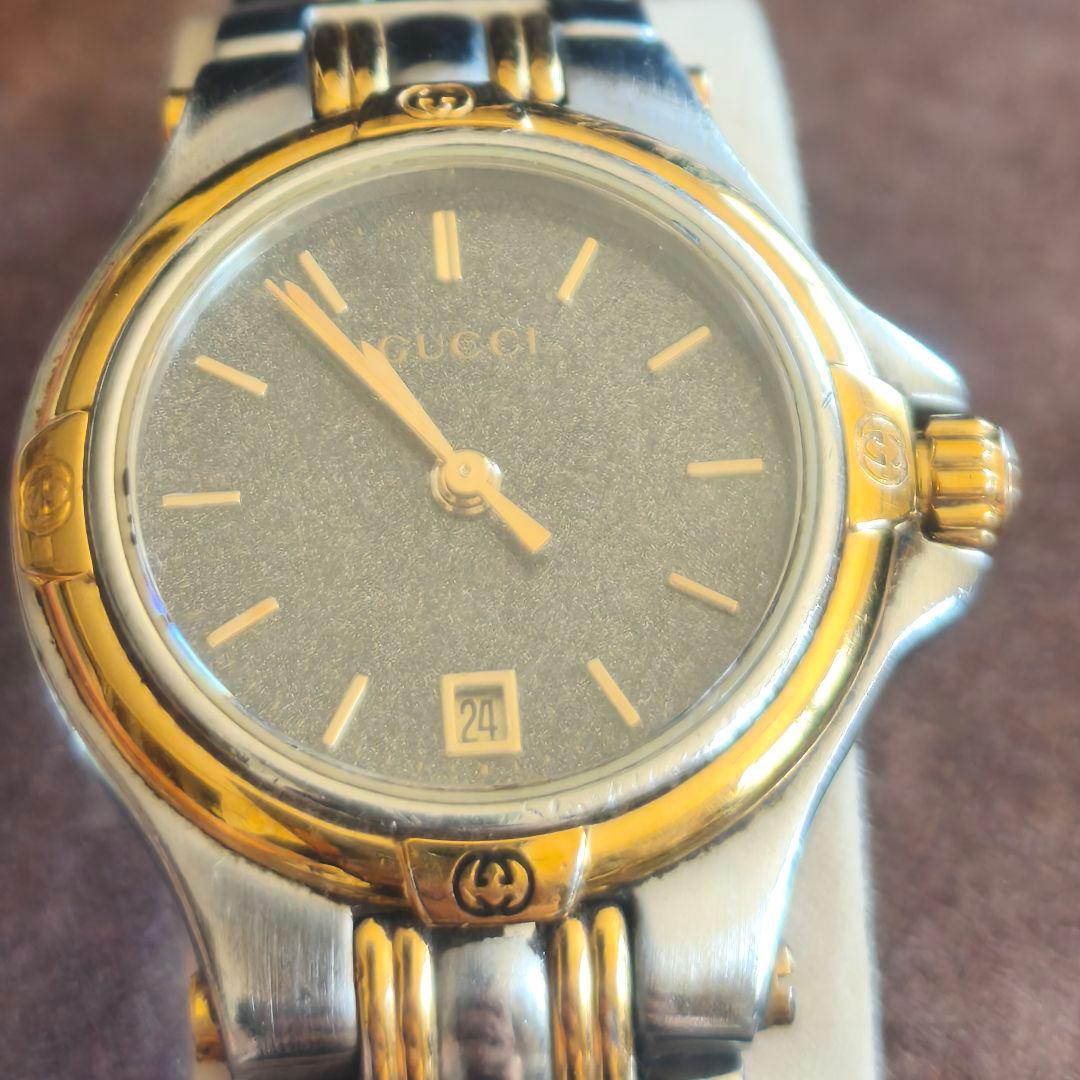 Gucci 9040L Gold Silver Tone Glitter Dial Date Quarts Watch Women With Box