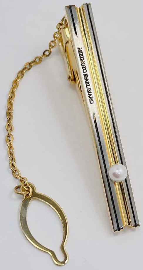 Mikimoto Pearl Island Tie Bar Clip & Cufflinks Set Silver Gold Tone Akoya Japan