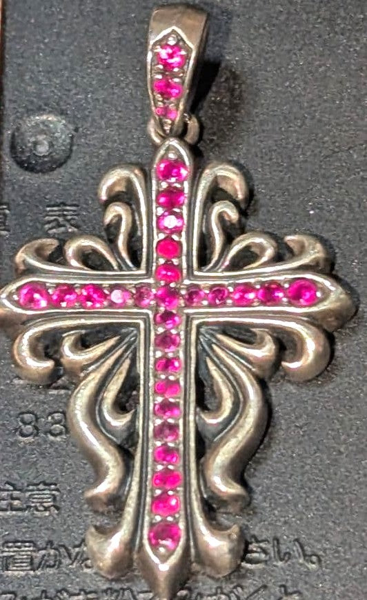 A&G Ruby Cross Pendant Top Silver Gothic Fleur Vintage Pink Stones Rare Japan