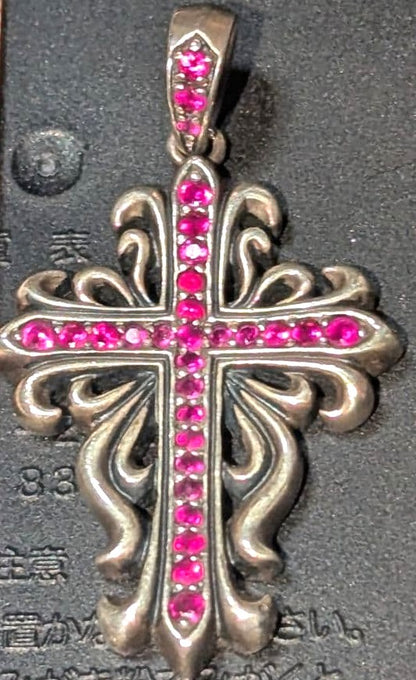 A&G Ruby Cross Pendant Top Silver Gothic Fleur Vintage Pink Stones Rare Japan