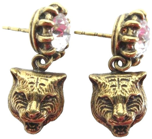 GUCCI Tiger Cat Head Drop Earrings Gold Tone Rhinestone Crystal Bijou Used