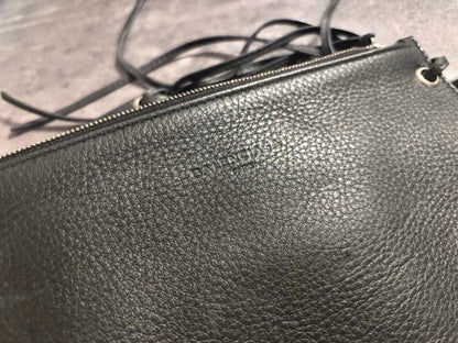 BALENCIAGA Flat Pouch Mirror Set Black Leather Logo Embossed Zip Clutch Bag