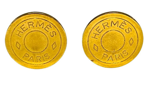 HERMES Serie Clip-On Earrings Gold Tone Metal Round Logo Vintage France Paris