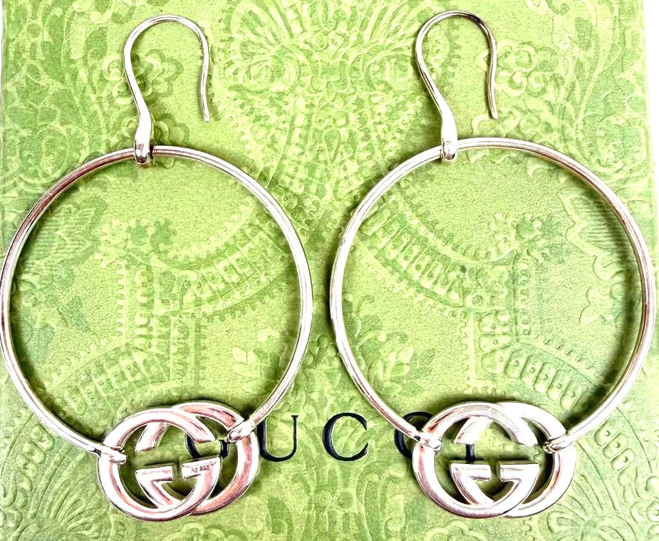 GUCCI Interlocking G Hoop Earrings Silver SV925 5.5cm(2.2") New Unused Japan