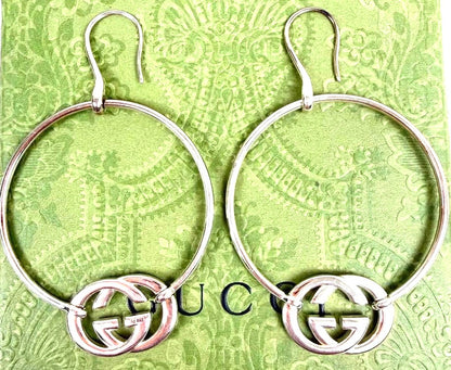 GUCCI Interlocking G Hoop Earrings Silver SV925 5.5cm(2.2") New Unused Japan