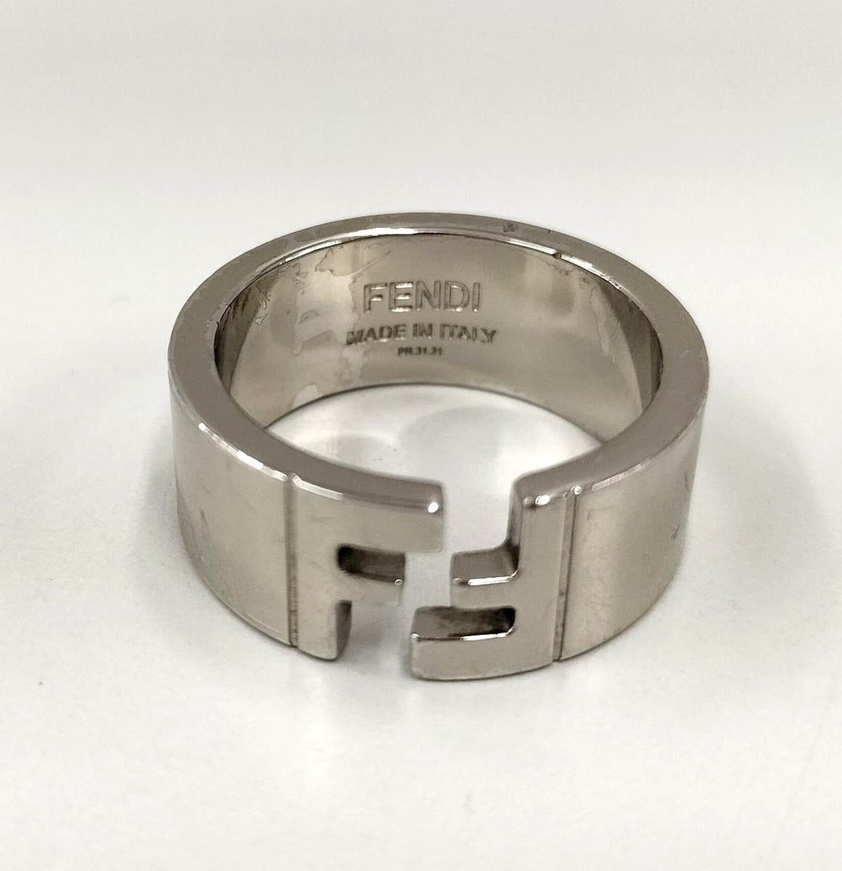 FENDI FF Logo Cutout Wide Band Ring Silver Tone US9 EU60 Made in Italy Preowned