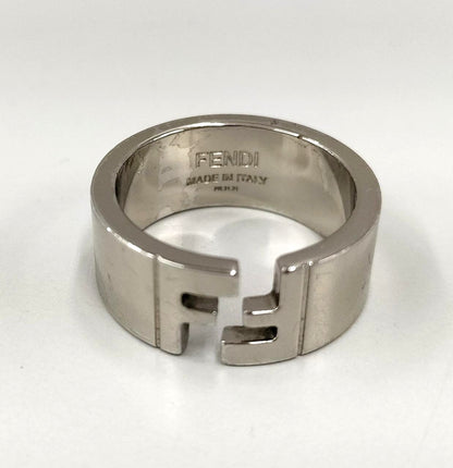 FENDI FF Logo Cutout Wide Band Ring Silver Tone US9 EU60 Made in Italy Preowned