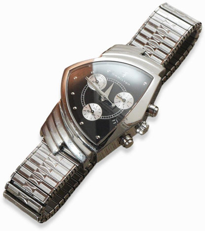 Hamilton Ventura Chrono H24412132 Quartz Black Dial SS Watch Non-OEM Band Used