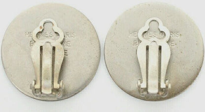 Hermes Serie Clip-On Earrings Silver Color Metal Round Coin Authentic Paris Used