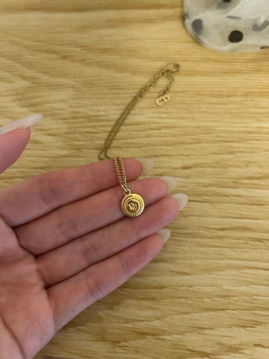 Christian Dior Vintage Gold Tone Logo Necklace Pendant Used Authentic Great