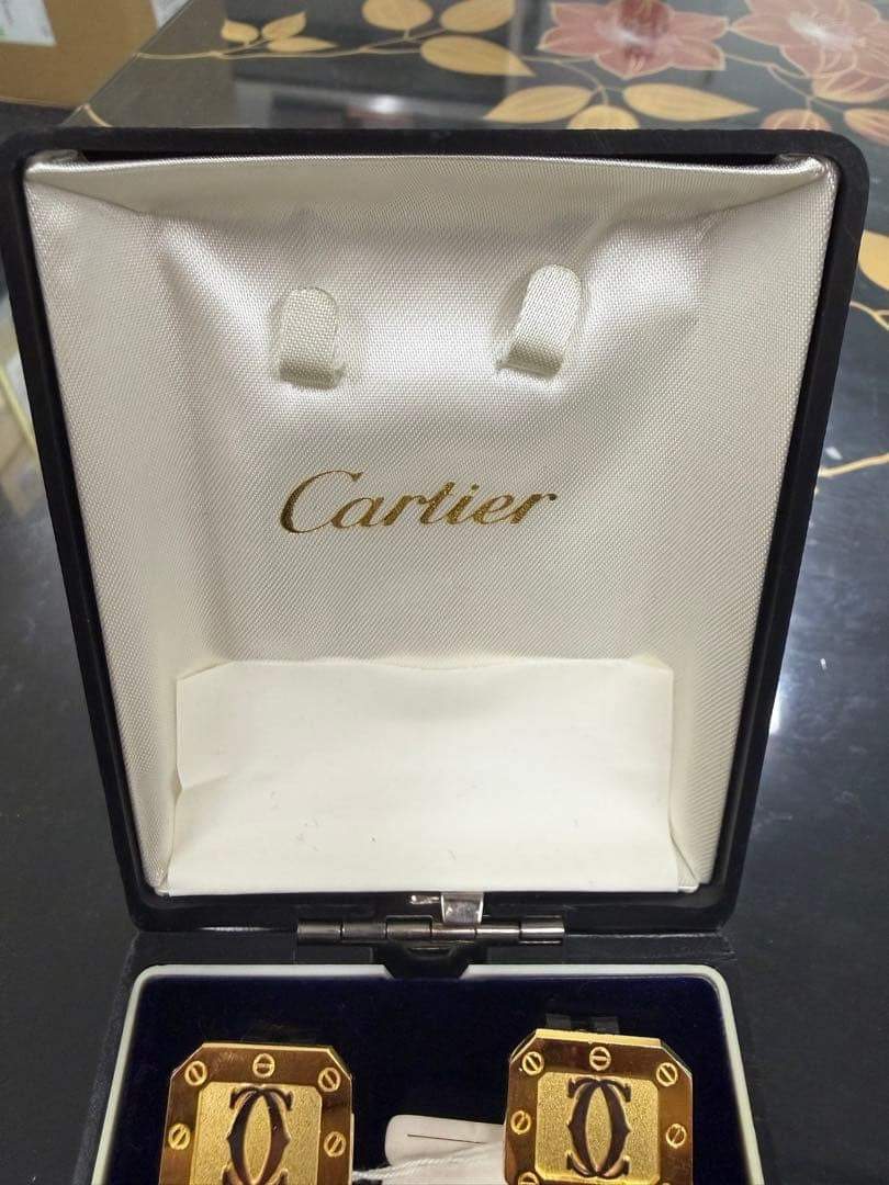 Cartier C de Cartier Cufflinks Set Gold Tone Square Logo France Vintage