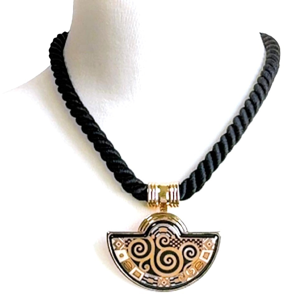 MICHAELA FREY WIEN Klimt Enamel Pendant Necklace Gold Black Vintage Austria