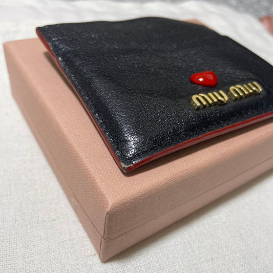 Miu Miu Madras Leather Card Holder Black Red Heart Gold Logo 6 Slots Italy