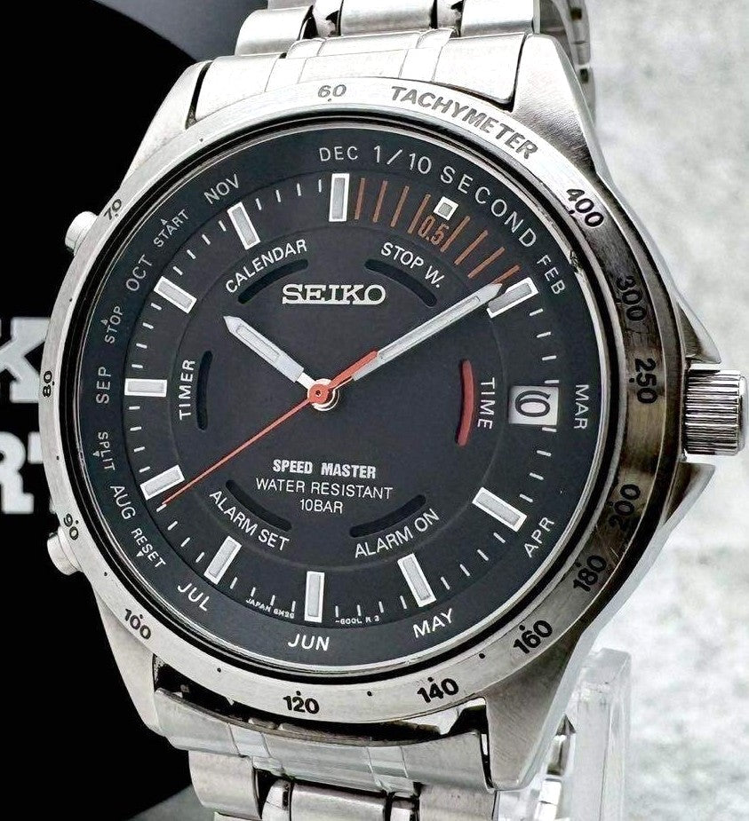 SEIKO Speed Master 6M26-6000 Black Dial Quartz Watch Steel 37.9mm Japan Used