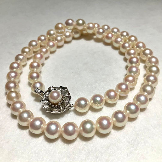 Akoya Pearl Necklace White 7.0-7.5mm Silver Flower Clasp 42cm 16.5in Japan