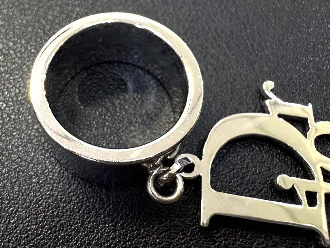Christian Dior Logo Charm Ring Silver-Tone Metal Wide Band US4 EU47 Vintage AUTH