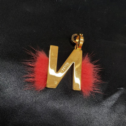 FENDI Letter N Alphabet Charm Pendant Gold Tone Red Mink Fur Keyring Italy 2in