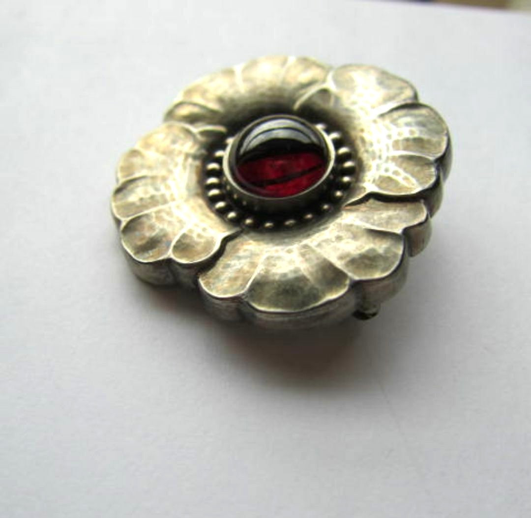 Georg Jensen Brooch #189 Art Nouveau Sterling Silver Garnet Cabochon Denmark VTG