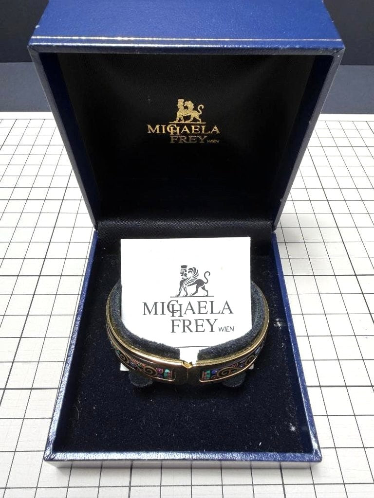 MICHAELA FREY WIEN Enamel Bangle Bracelet Gold Tone Black Vienna Austria Used