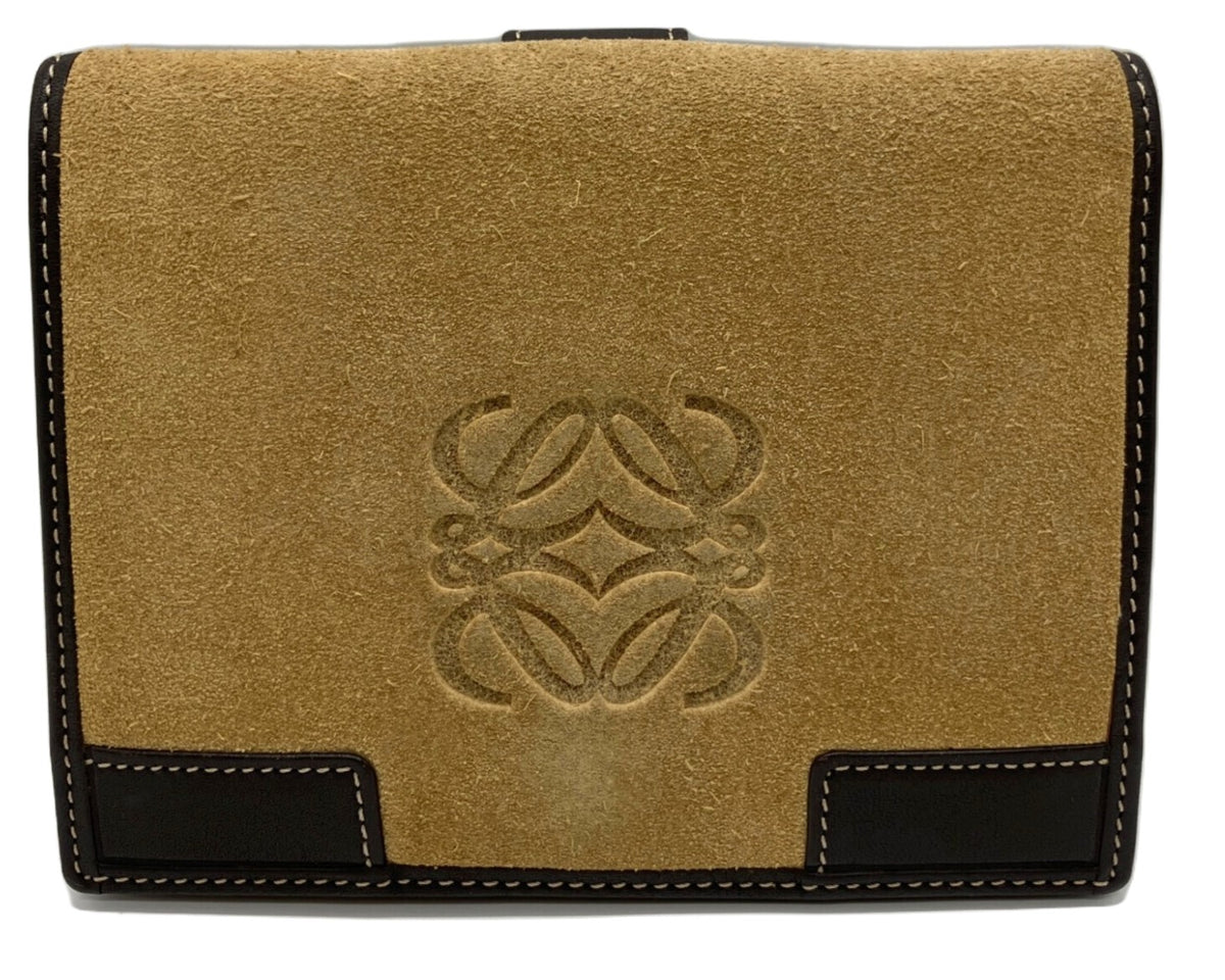 LOEWE Anagram Bifold Wallet Beige Suede Leather Brown Trim Compact Spain Used