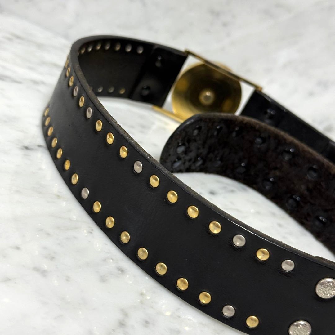 Gianni Versace Medusa Stud Black Leather Belt Gold Silver HW 120cm 47.2in Auth