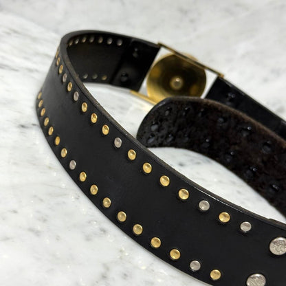 Gianni Versace Medusa Stud Black Leather Belt Gold Silver HW 120cm 47.2in Auth