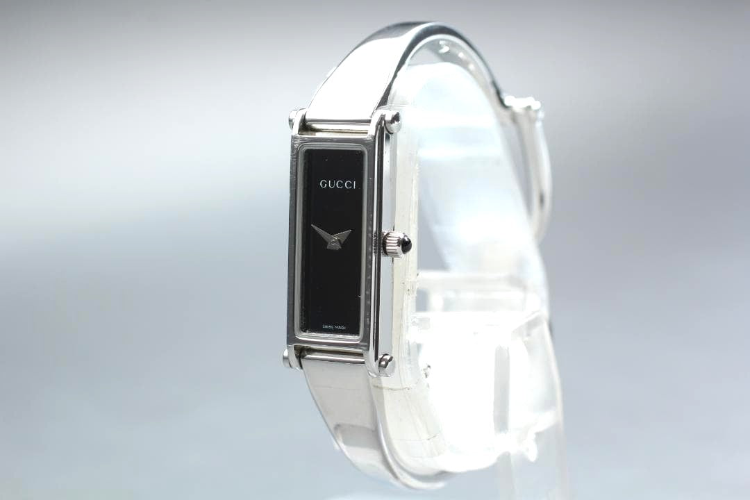 GUCCI 1500L Bangle Watch Black Dial Rectangle Stainless Steel Quartz Swiss Made