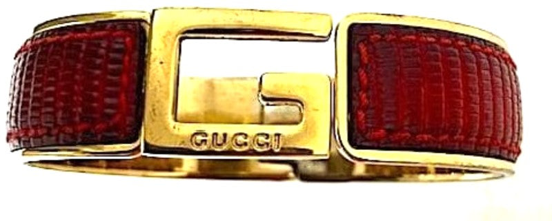 GUCCI GG Logo Bangle Bracelet Red Leather Gold HW 17cm 6.7in Authentic