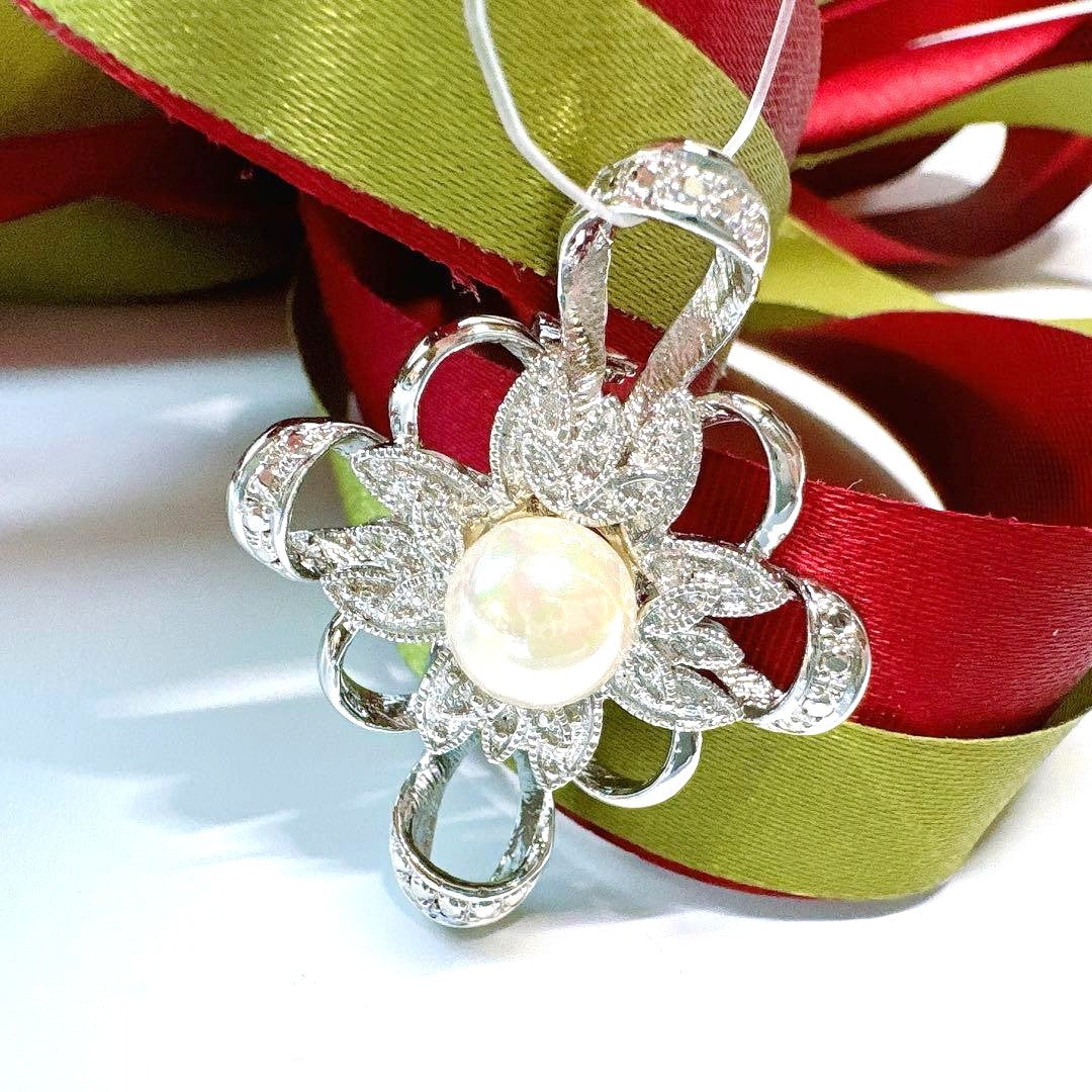 Akoya Pearl Silver Tone Flower Pendant Top Brooch 2-Way CZ Accent Japan Used