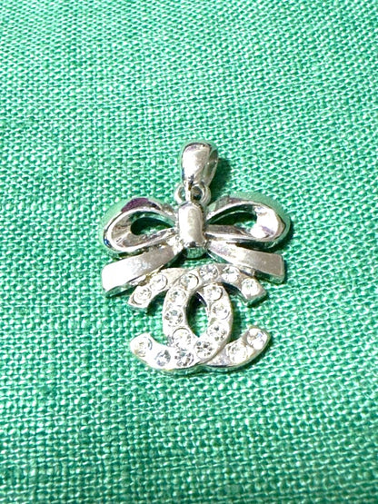 CHANEL Vintage CC Logo Bow Pendant Top Silver Rhinestone Charm Authentic Used