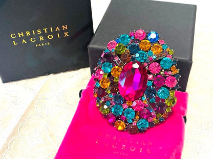 Christian Lacroix Multicolor Crystal Brooch Pin Pink Teal Gold Rhinestone Paris