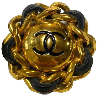 CHANEL CC Logo Chain Leather Clip-On Earrings Gold Black Large 4cm Vintage Used