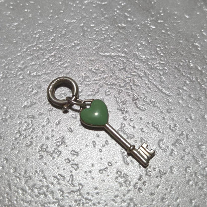 Tiffany & Co Key Charm Pendant Top Silver 925 Green Heart Enamel Sterling 3.5cm