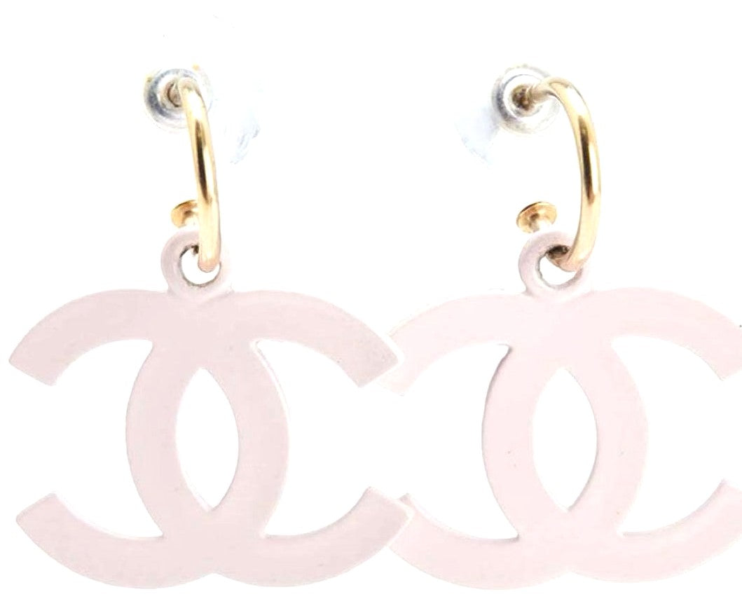 CHANEL CC Logo Swing Drop Earrings Pink Gold Tone Resin 20mm Vintage Auth Used