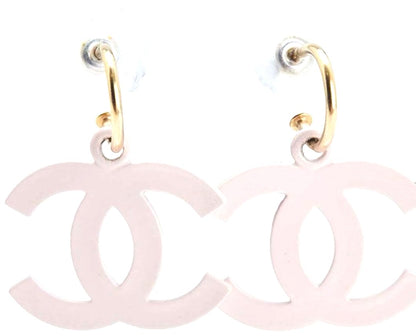 CHANEL CC Logo Swing Drop Earrings Pink Gold Tone Resin 20mm Vintage Auth Used