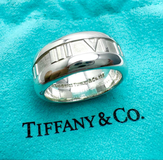 Excellent Tiffany & Co Silver Atlas Wide Band Roman Numerals Ring Size 54.5 US 7