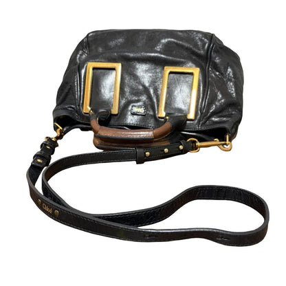 Chloe Ethel 2way Tote Bag Black Leather Gold Square Hardware Shoulder Handbag