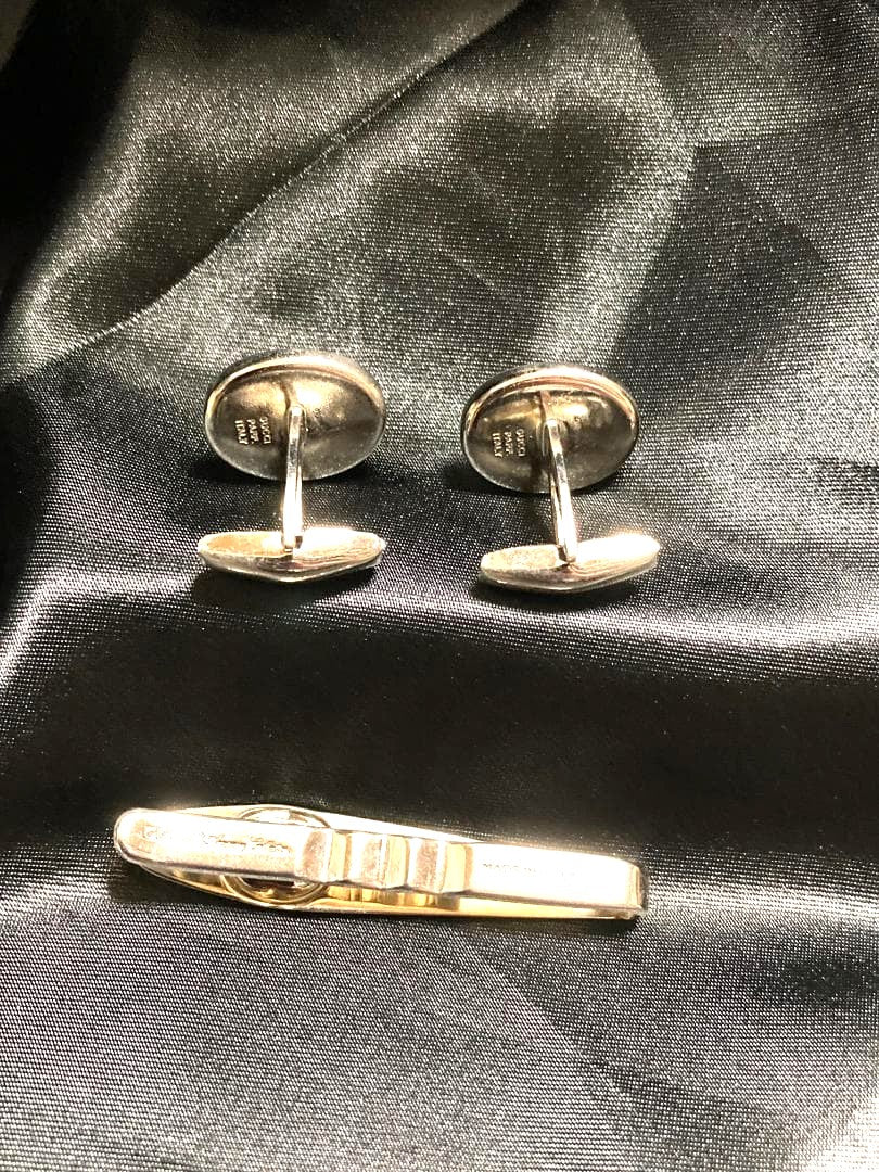 GUCCI Vintage Interlocking GG Sherry Line Cufflinks Tie Clip Set Silver Gold