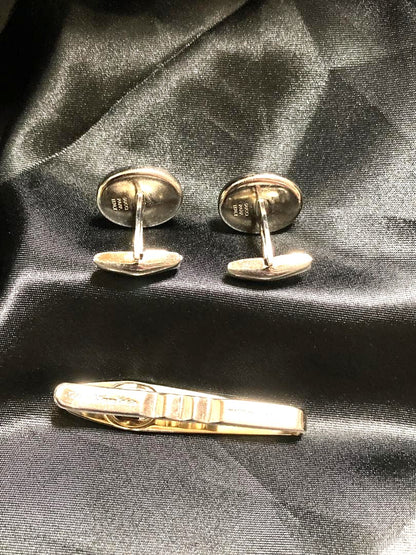 GUCCI Vintage Interlocking GG Sherry Line Cufflinks Tie Clip Set Silver Gold