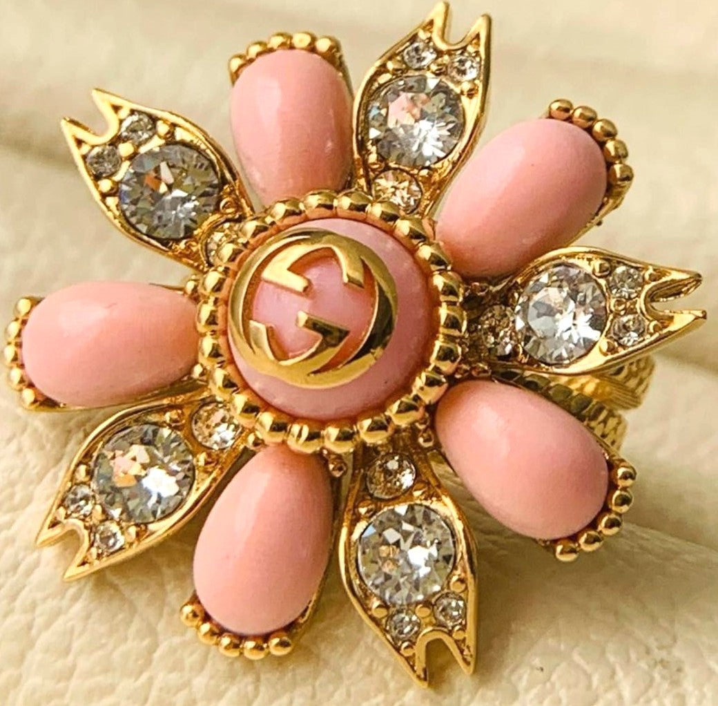 GUCCI Flower Ring Set 3-Band Coral Pink Crystal Gold Tone SizeS US6.5 EUR52 Auth