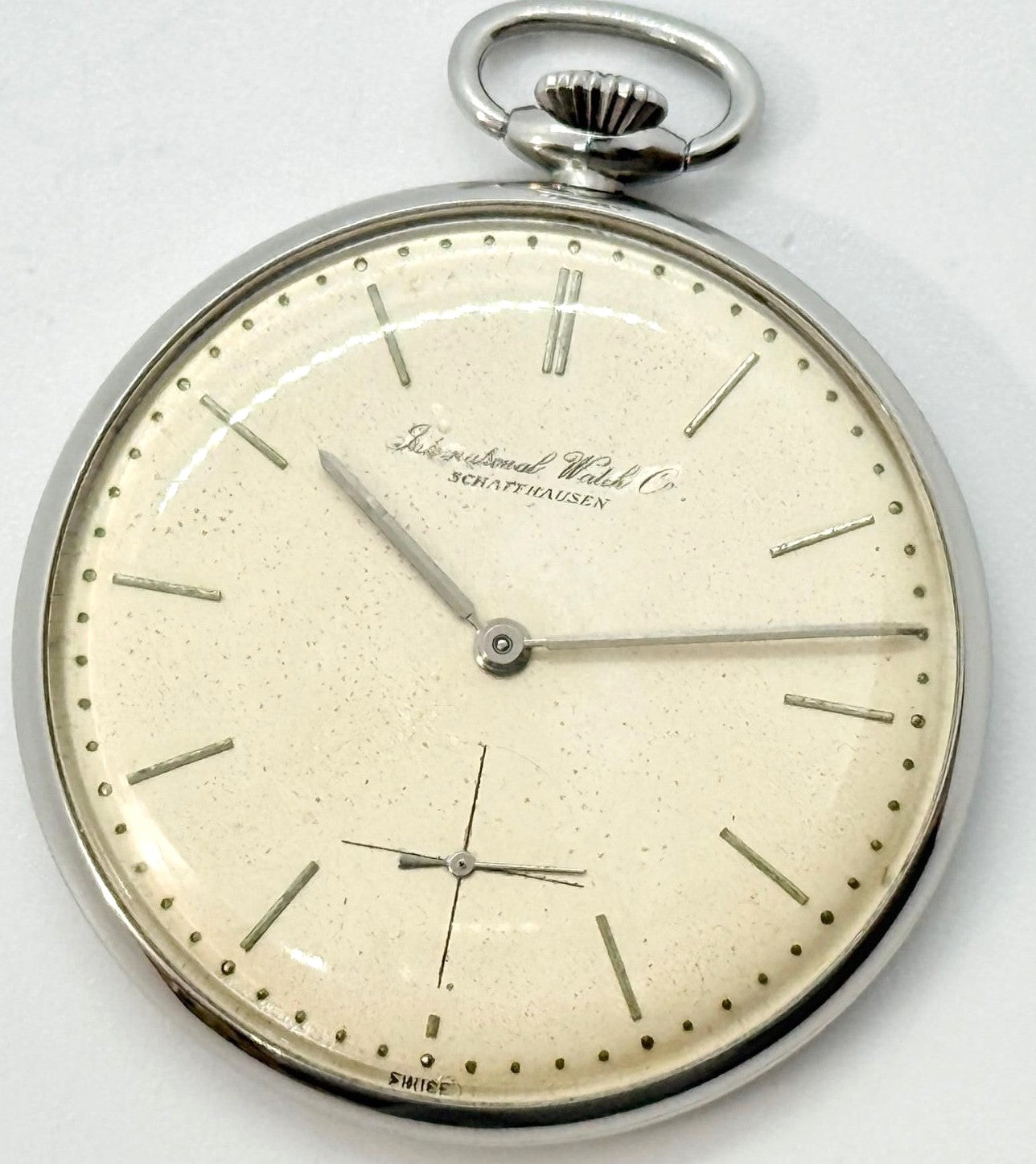 IWC Schaffhausen Pocket Watch Beige Dial Manual Wind Mens Silver Tone Swiss Made
