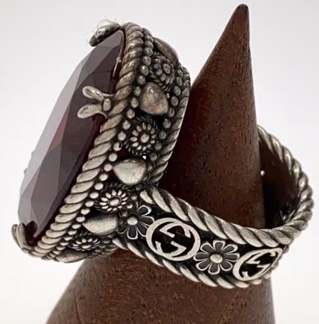 GUCCI Interlocking G Stone Ring Silver 925 Red Color Stone US 6.5 EU 53 Used