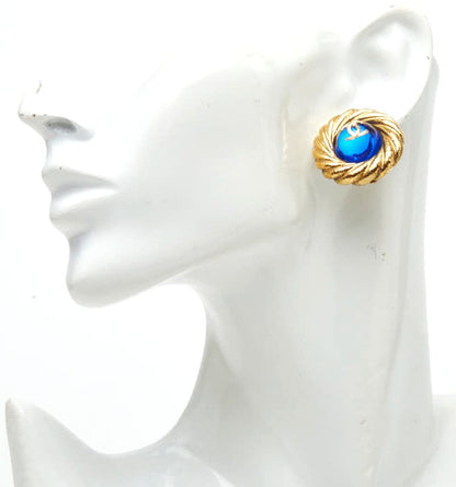 CHANEL CC Logo Gripoix Vintage Round Clip Earrings Gold Blue Glass France