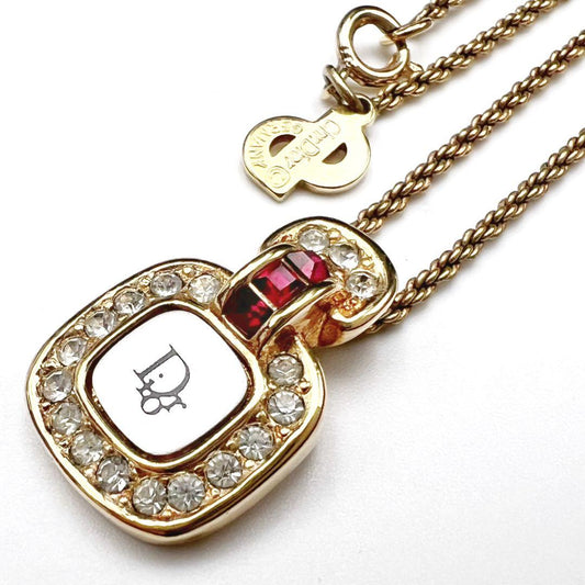 Christian Dior Logo Perfume Bottle Pendant Necklace Gold Tone Rhinestone Red